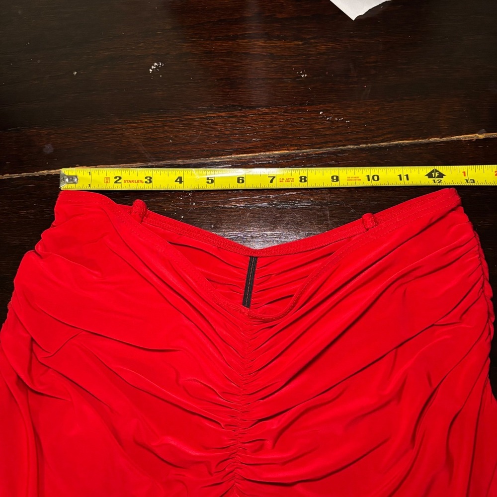 Red Ruched Mermaid Midi Skirt Ruffle Hem Dance Salsa Bodycon Made in USA Sz S - Picture 8 of 11